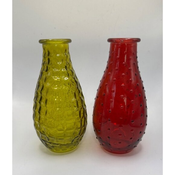 Glass Bud Vases 6" Tall Set Of 2 Yellow & Red Textured Decorative Tabletop Piec - Picture 3 of 8